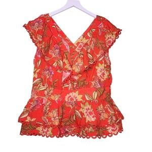 Rose + Olive Floral Boho Top Ruffle Peplum Orange Tropical Vacation Resort Small
